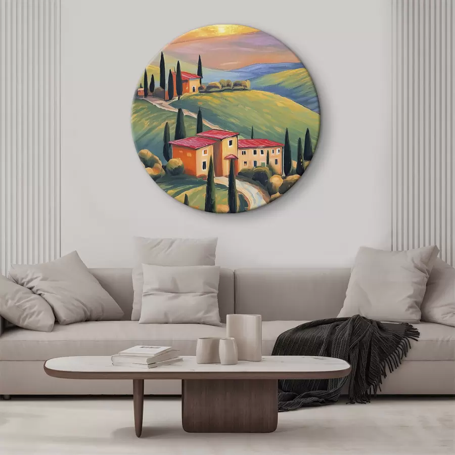 Pilt Toscana maastikud, Itaalia, akrüülkunst, vanad majad, põllud, suvi r38488