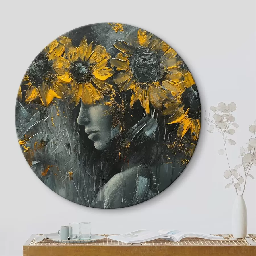 Pilt Abstraktsed päevalilled, mis katavad tüdruku nägu r40501