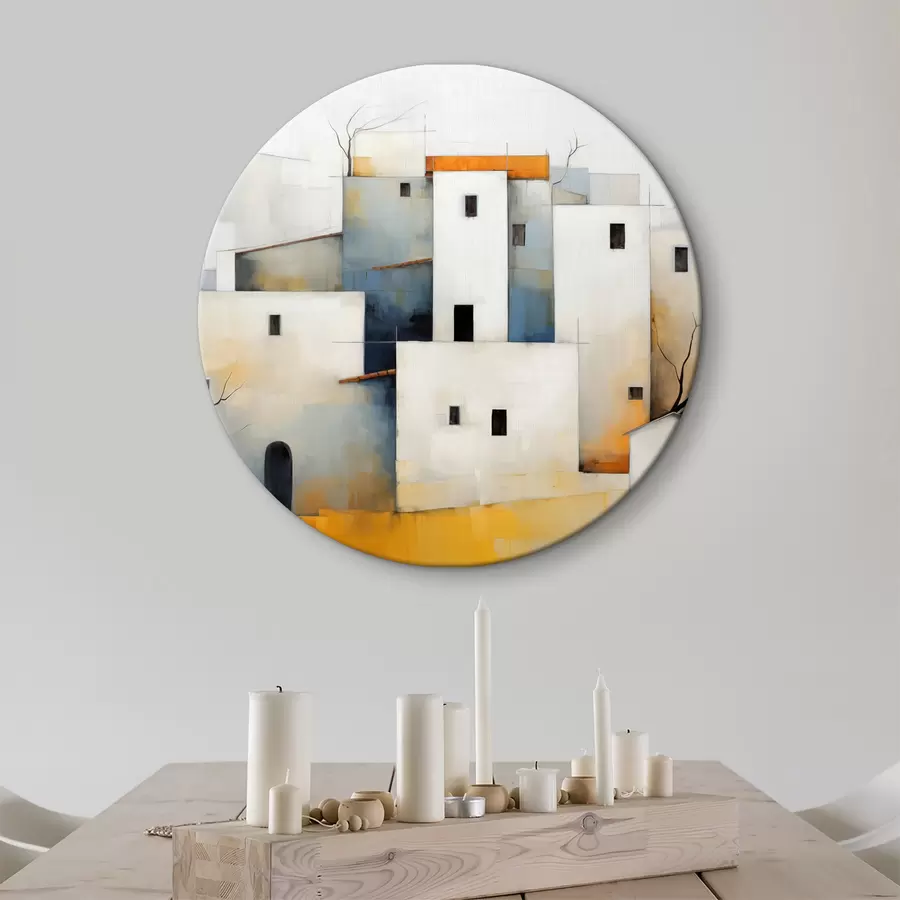 Pilt Valged stiliseeritud abstraktsed majad, punased, oranžid, kollased, sinised värvid r40531