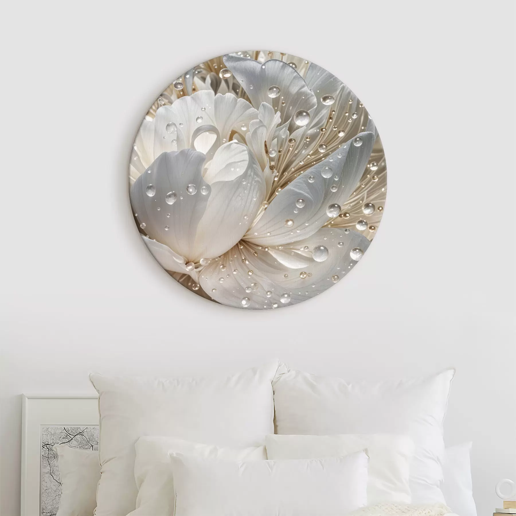 Pilt Lähivõtte valgest pioonilillest, mille kroonlehtedel on veetilgad, hägusel taustal r40539