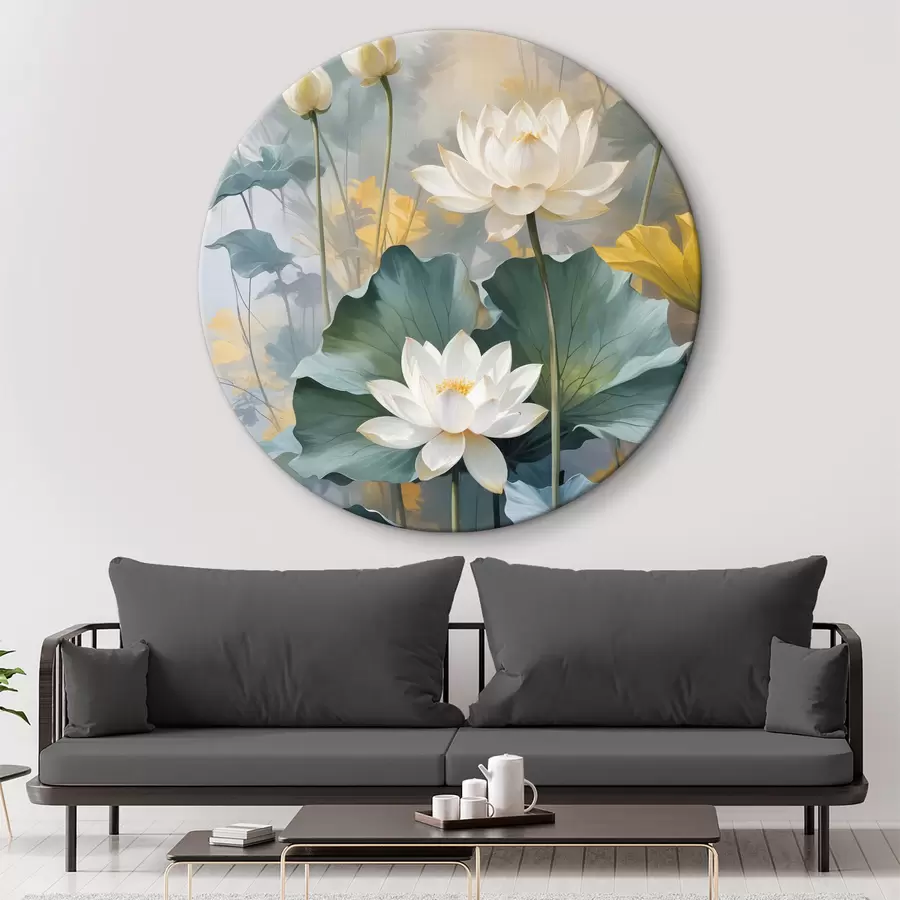 Pilt Valged lootoslilled tiigis koos roheliste vesirooside kroonlehtedega, ümbritsetud kollaste lilledega ja hägune foon r40559