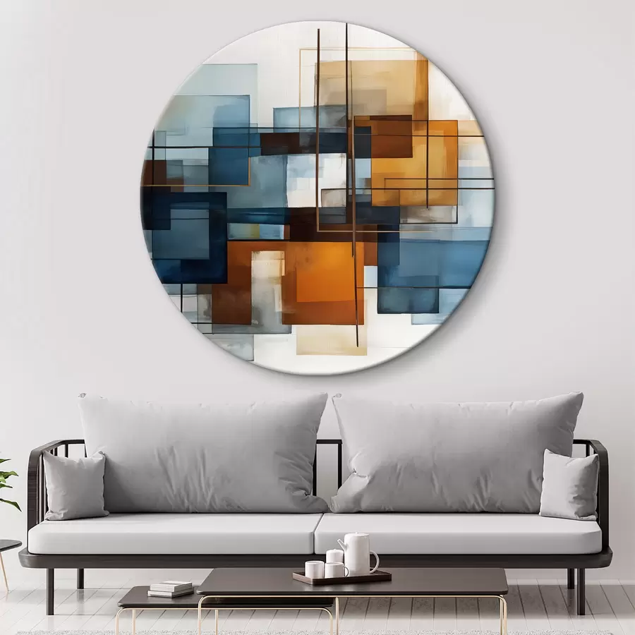 Pilt Abstraktsed geomeetrilised kujundid sinistes, oranžides ja pruunides toonides loovad kaasaegse, minimalistliku kompositsiooni. r40563