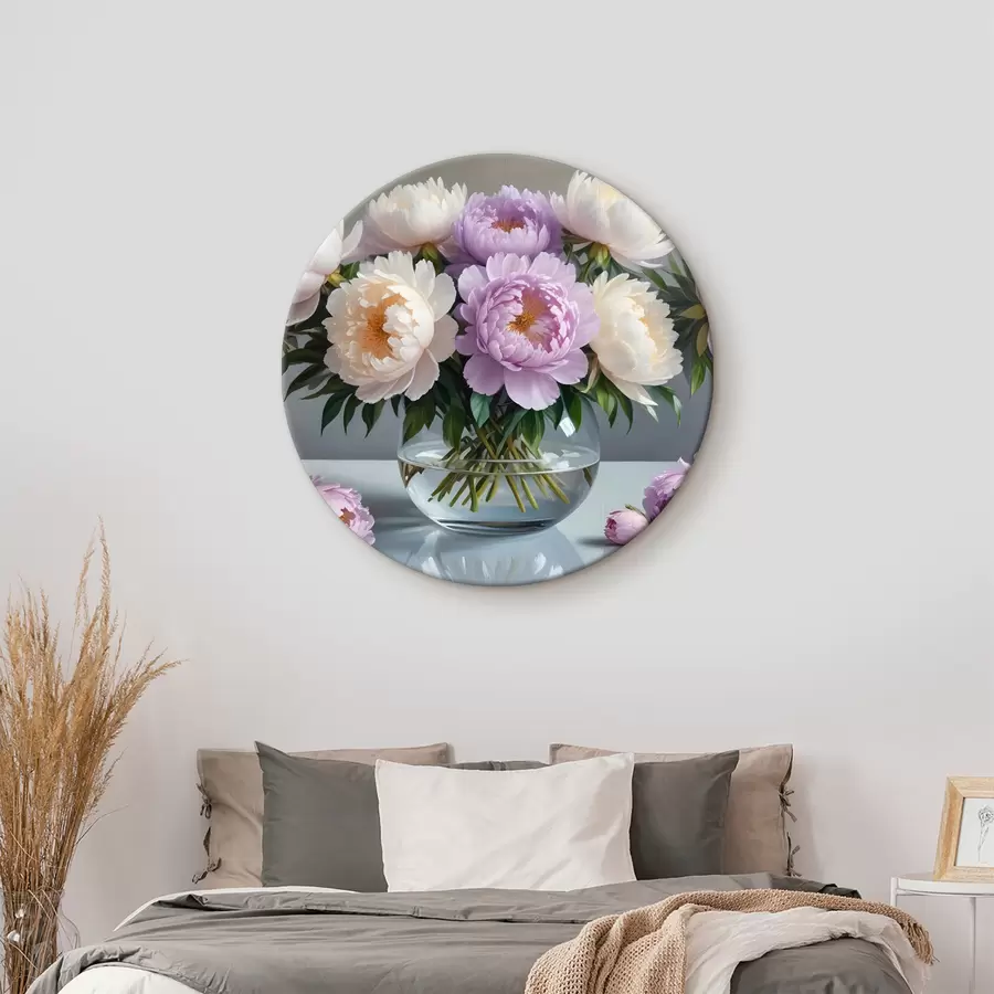 Fototapeedid Suurtest, lopsakatest valgetest ja roosadest pioonidest koosnev kimp klaasvaasis hallil taustal r40610