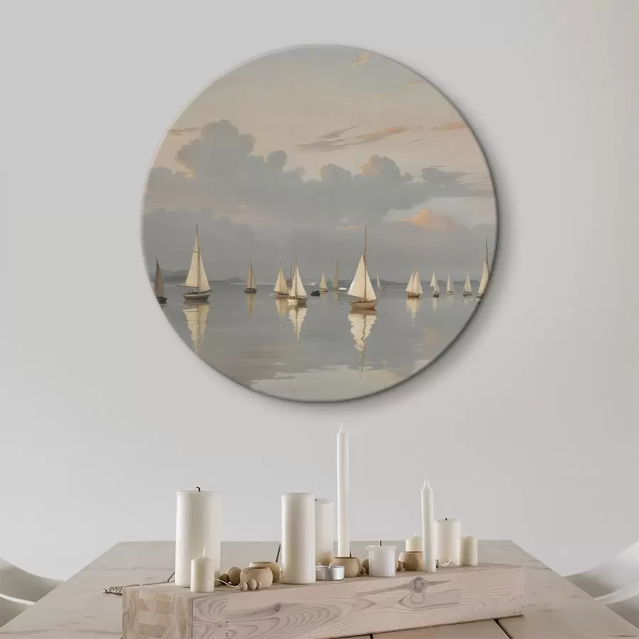 Pilt Valge purjekate laevastik rahulikul, peegelduval veekogul päikeseloojangul, taustaks pilvine taevas r40615