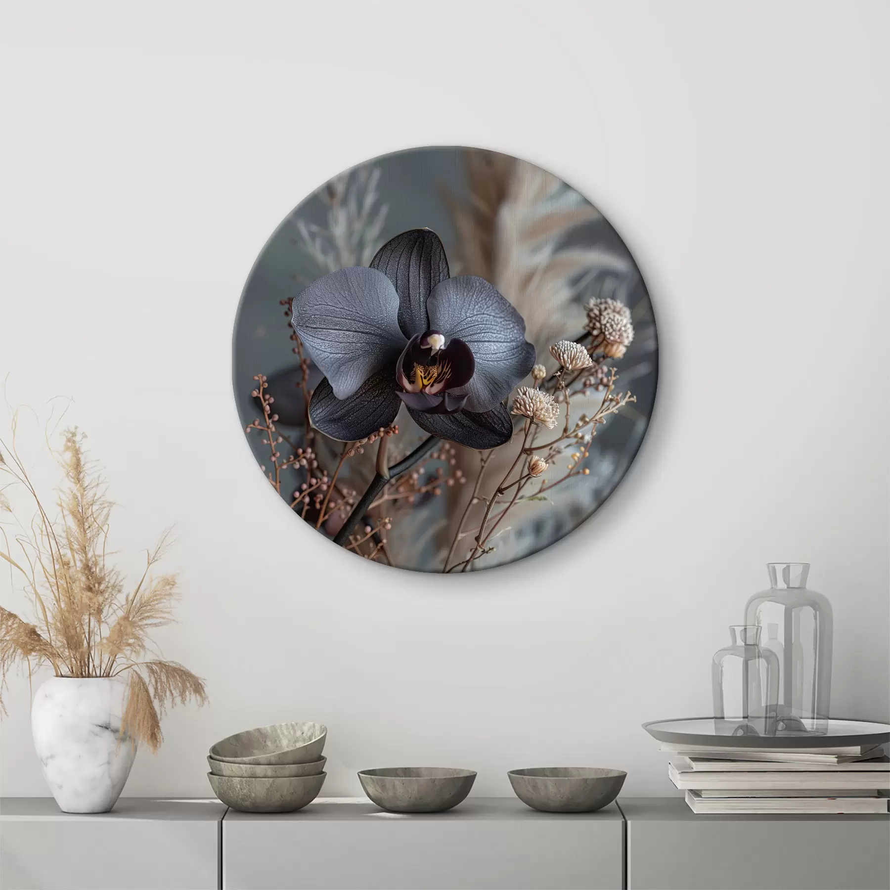 Pilt Elegantne lilleseade musta orhidee ja teiste kuivatatud lilledega r40661