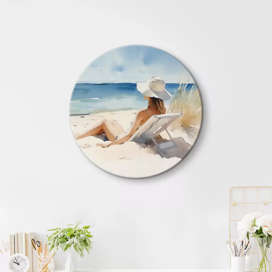 Pilt Tüdruk lõõgastub rannas mere ääres akvarellina r40679