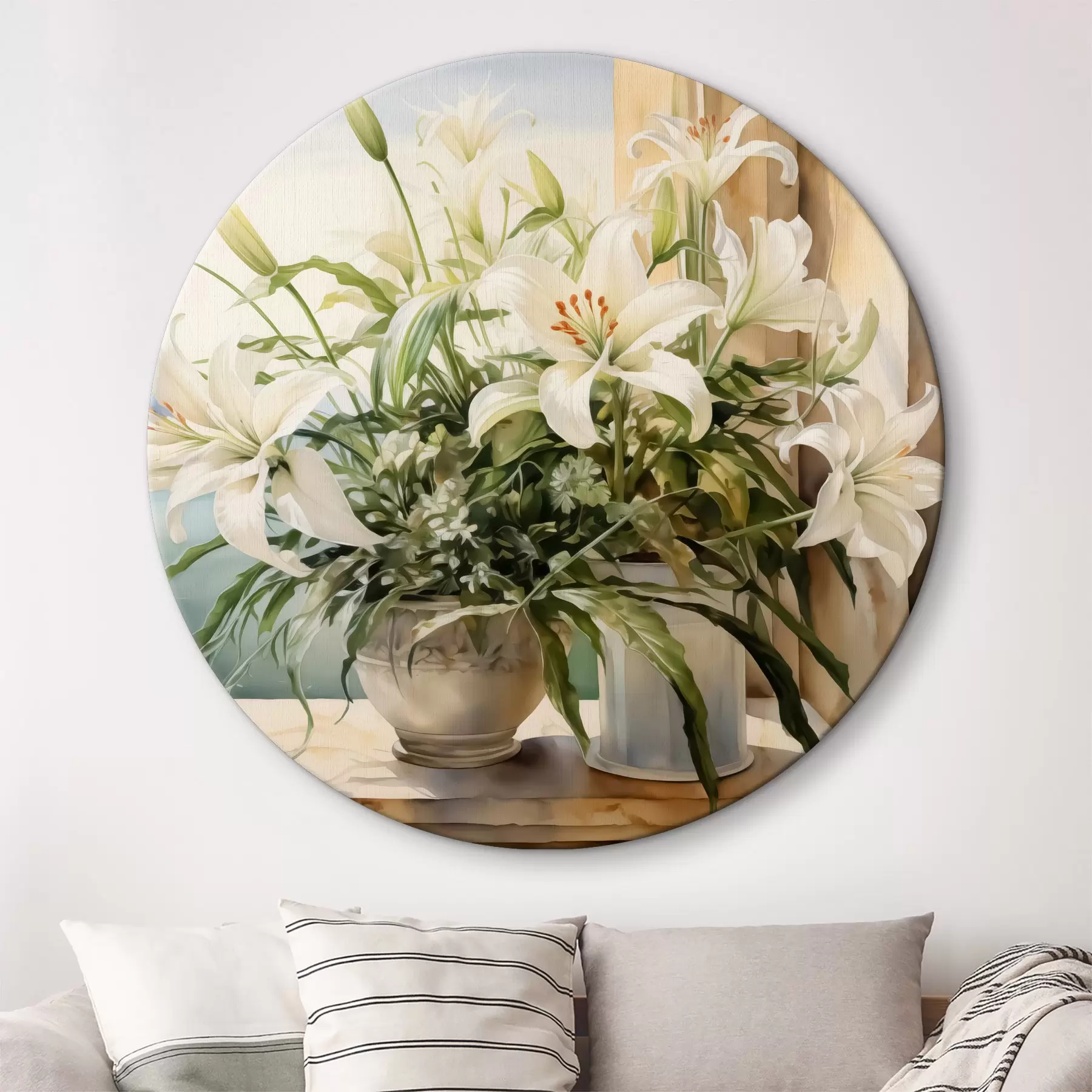 Pilt Valged liiliad vaasis rõdul vaatega merele ja mägedele akvarellil r40682