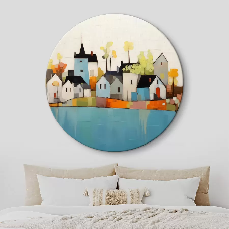 Pilt Abstraktne linn ja majad, sinine, kollane, punane värvid r40751