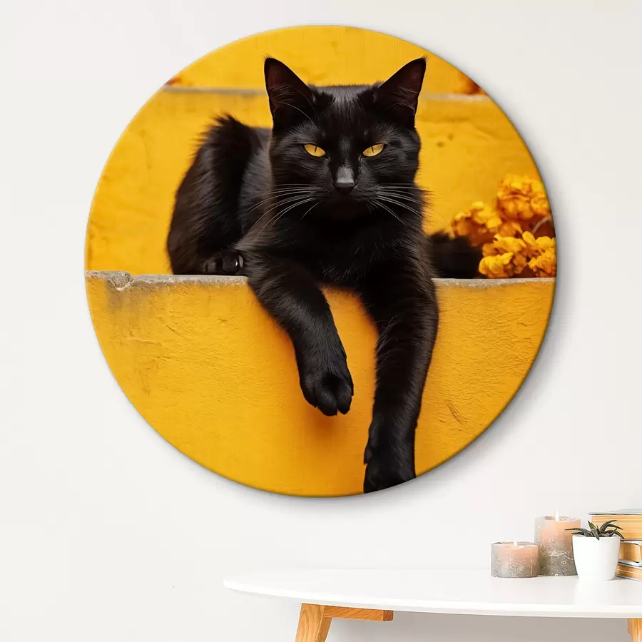 Pilt Must kass lamab kollasel trepil r40798