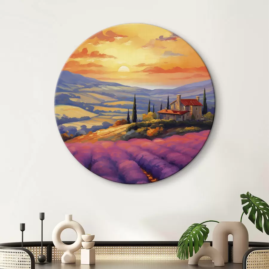 Pilt Päikeseloojang Toscanas, lavendlipõllud, ilusad maastikud, akvarell r40942