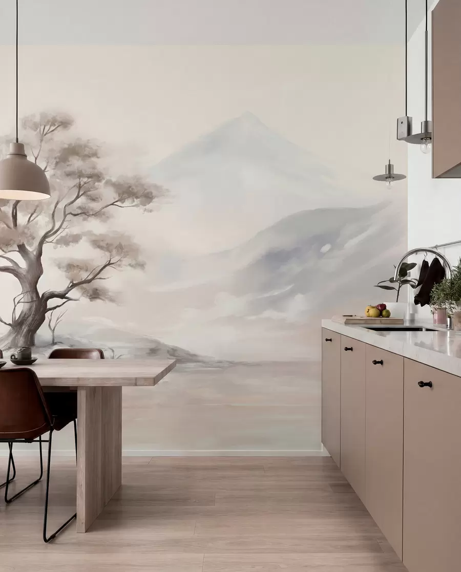 Fototapeedid Minimalistlik joonis üksildasest, väändunud puust üksildasel, kivisel maastikul, mille taustal on mäed  w08604