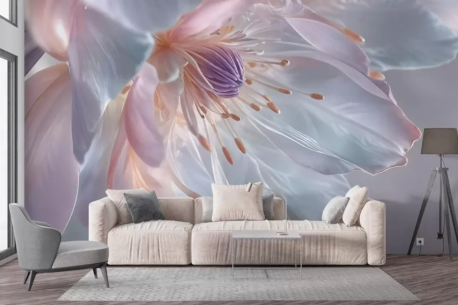 Fototapeedid Lähivõtte õrnast pastellvärvilisest lillest, millel on pehmed, läbipaistvad kroonlehed ja elurõõmus keskosa w08605