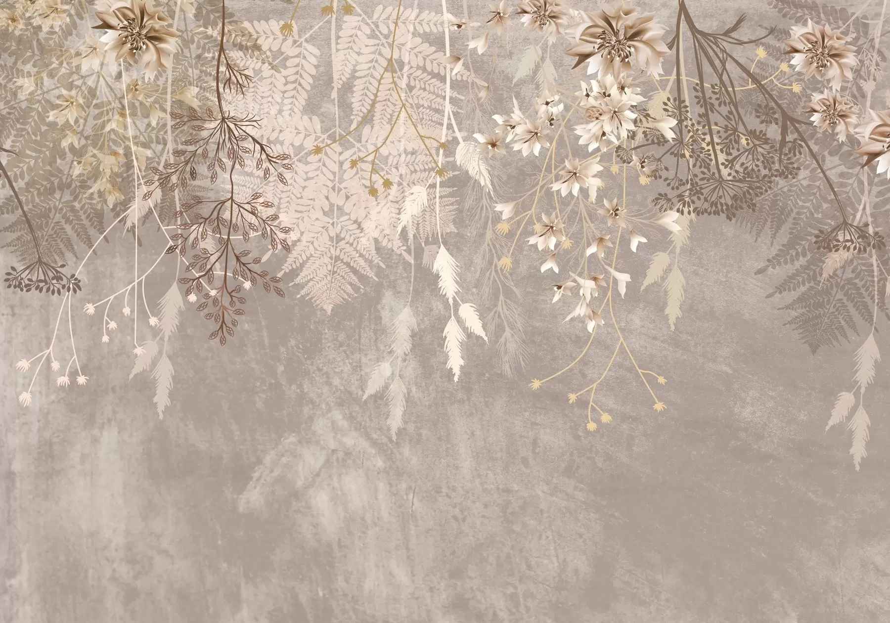 Fototapeedid Unenäoline, õrn, vildakad taimed, tüvikud ja lilled pruunides pastelsetes toonides udusel, tekstuursel taustal w08606v1