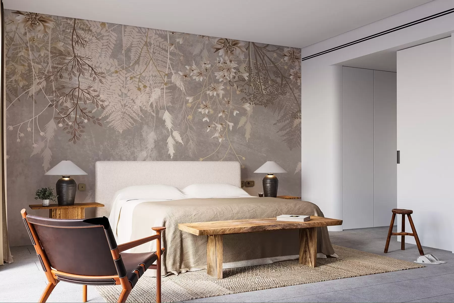 Fototapeedid Unenäoline, õrn, vildakad taimed, tüvikud ja lilled pruunides pastelsetes toonides udusel, tekstuursel taustal w08606v1