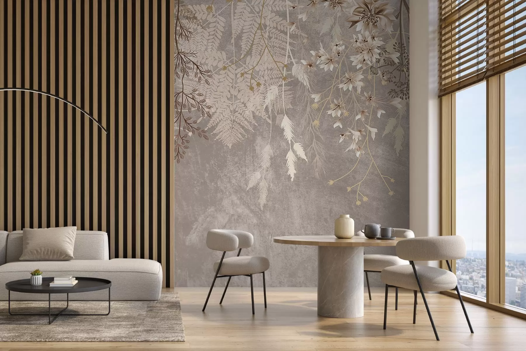 Fototapeedid Unenäoline, õrn, vildakad taimed, tüvikud ja lilled pruunides pastelsetes toonides udusel, tekstuursel taustal w08606v1