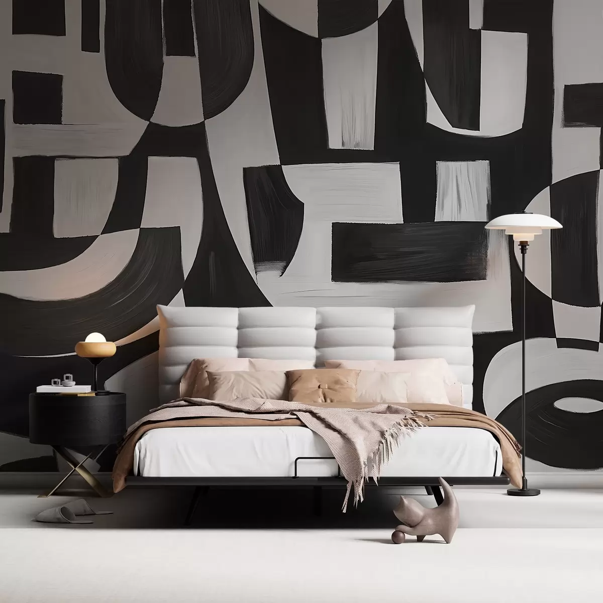 Fototapeedid Abstraktsed must-valged geomeetrilised kujundid ja mustrid, mis loovad visuaalselt silmatorkava ja dünaamilise kompositsiooni w08608