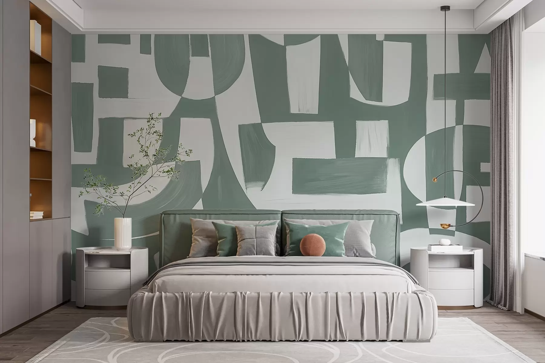 Fototapeedid Abstraktsed rohelised ja valged geomeetrilised kujundid ja mustrid, mis loovad visuaalselt silmatorkava ja dünaamilise kompositsiooni w08608v1