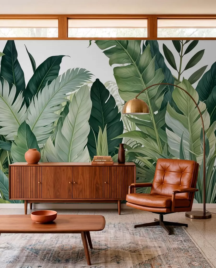 Fototapeedid Troopilised lehed erinevate suurte roheliste lehtedega, sealhulgas banaanilehed, palmilehed ja muud eksootilised taimeliigid w08609