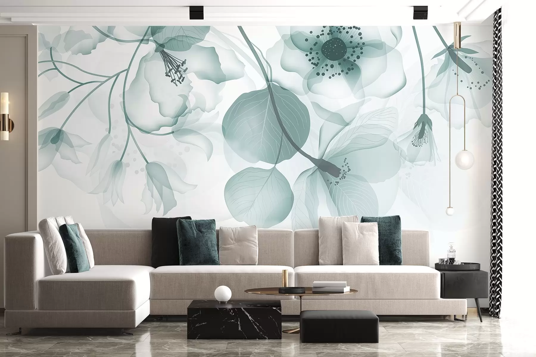 Fototapeedid Õrnad türkiissinised läbipaistvad õied, pehmete kroonlehtedega ja tumedate keskustega, heledal taustal w08613v1