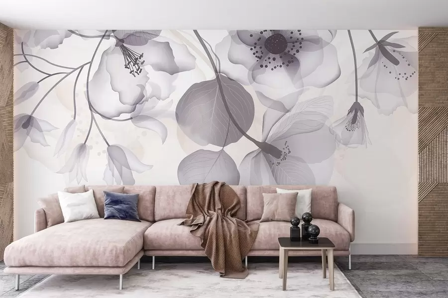 Fototapeedid Õrnad hallid ja beežid läbipaistvad õied, pehmete kroonlehtedega ja tumeda keskusega, heledal taustal w08613v2