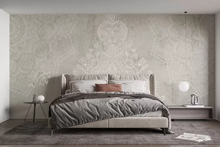 Fototapeedid Üksikasjalik, keerukas valge pitsmandalaprint helebeežil abstraktsel taustal w08614