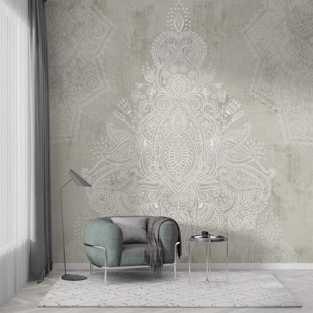Fototapeedid Üksikasjalik, keerukas valge pitsmandalaprint helebeežil abstraktsel taustal w08614