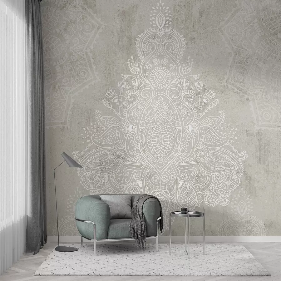 Fototapeedid Üksikasjalik, keerukas valge pitsmandalaprint helebeežil abstraktsel taustal w08614