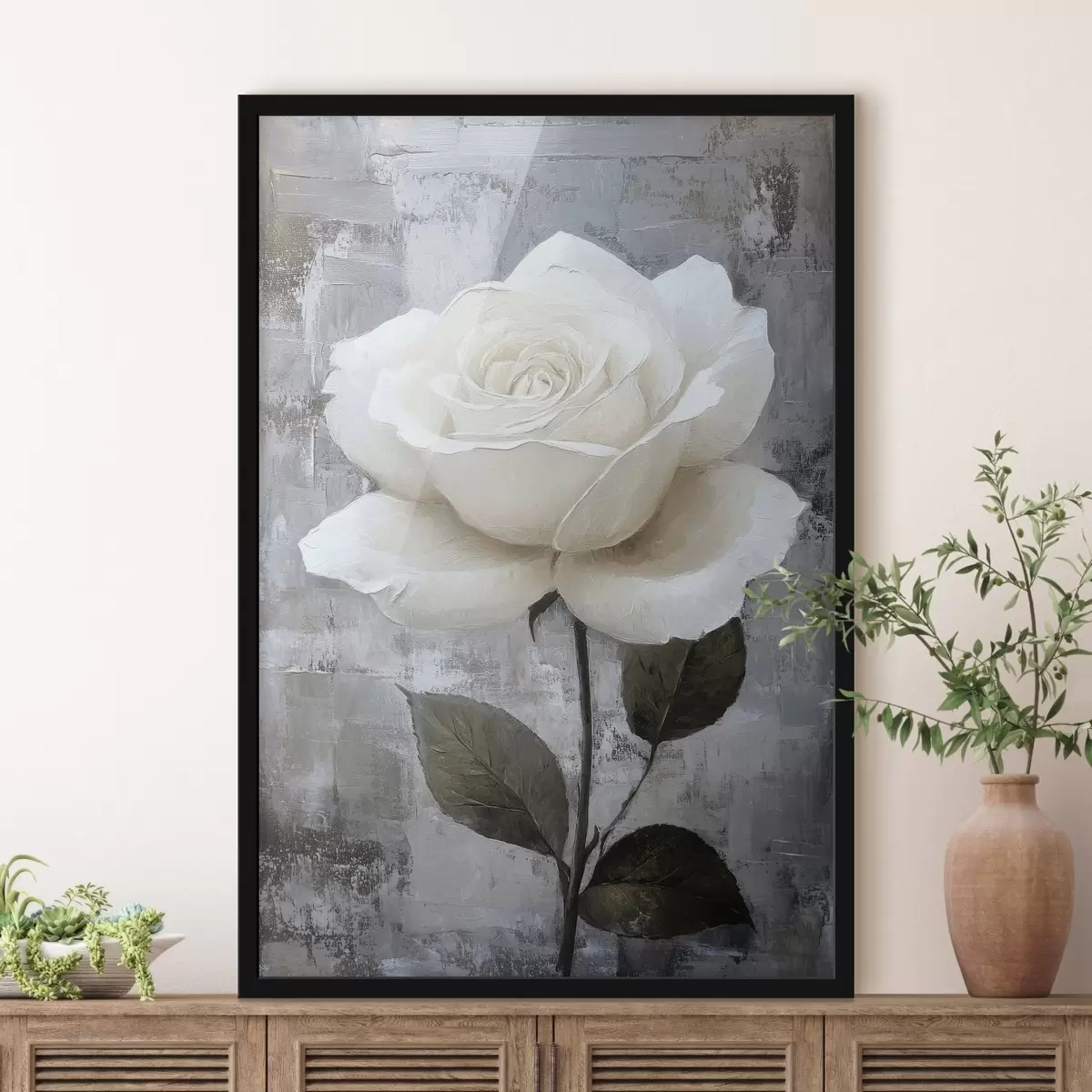 Plakat Valge roos käsitsi joonistatud betoonist taustal f42185