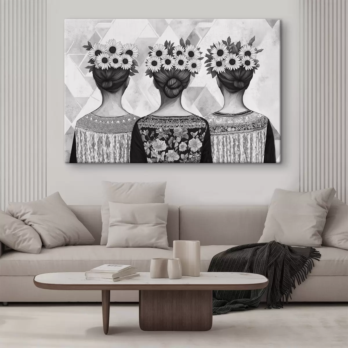 Pilt Kolm naist etnilises riietuses, pliiatsiga joonistus, päevalilled s42377