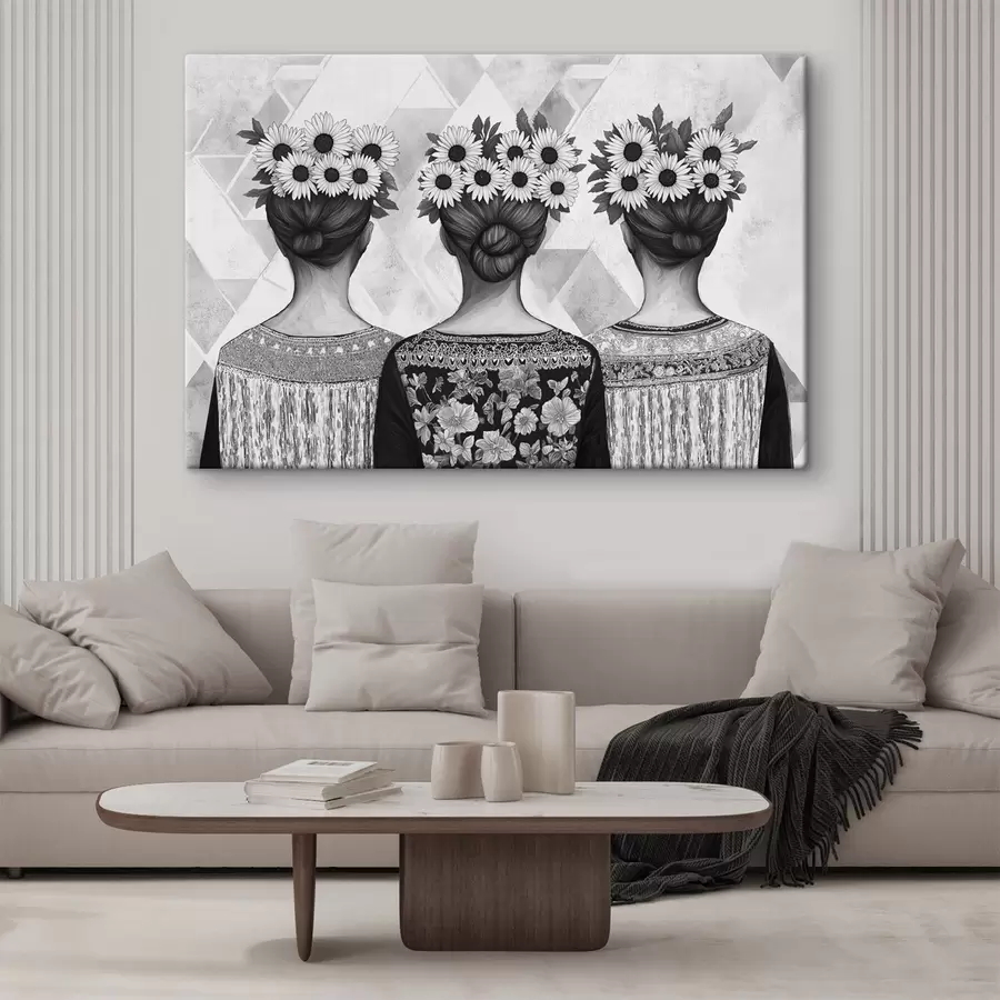 Pilt Kolm naist etnilises riietuses, pliiatsiga joonistus, päevalilled s42377