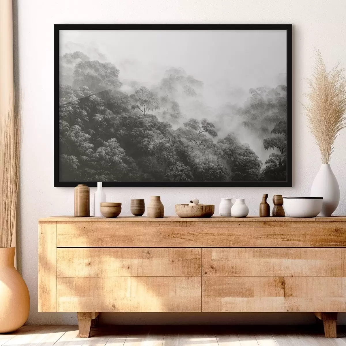 Plakat Troopiline mets udus, palmipuud, hallid värvid f42371v1