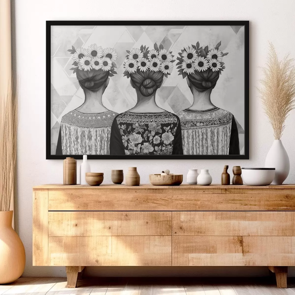 Plakat Kolm naist etnilises riietuses, pliiatsiga joonistus, päevalilled f42377