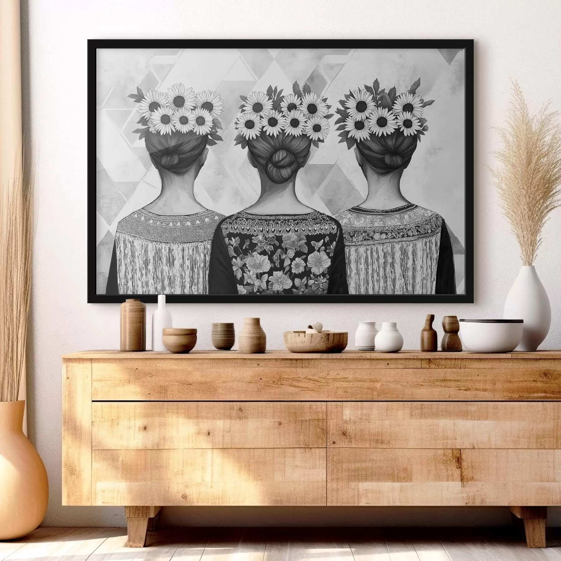 Pilt Kolm naist etnilises riietuses, pliiatsiga joonistus, päevalilled f42377