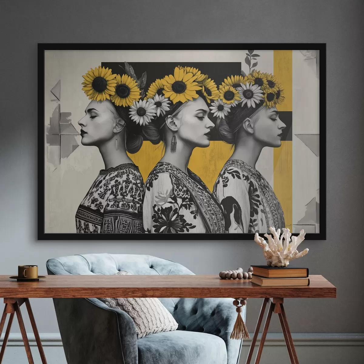 Plakat Kaunid naised etnilise sulgudes päevalillevõtetega f42378