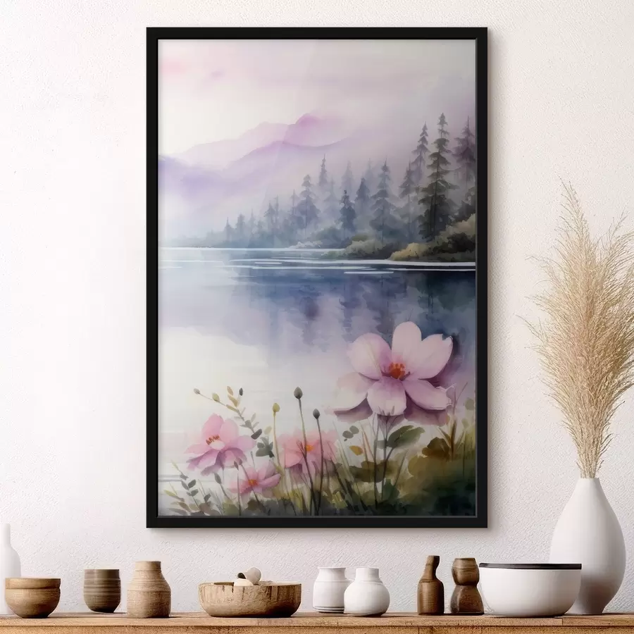 Fototapeedid Roosad lilled mägedes asuva järve taustal f42393
