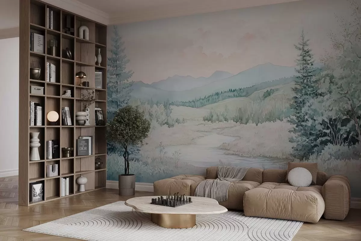 Fototapeedid maastik akvarellstiilis kuusepuudega w02689