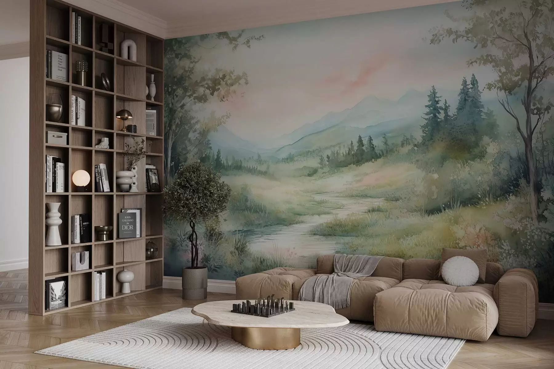 Fototapeedid akvarellmaastik koos tee ja mägedega w02764