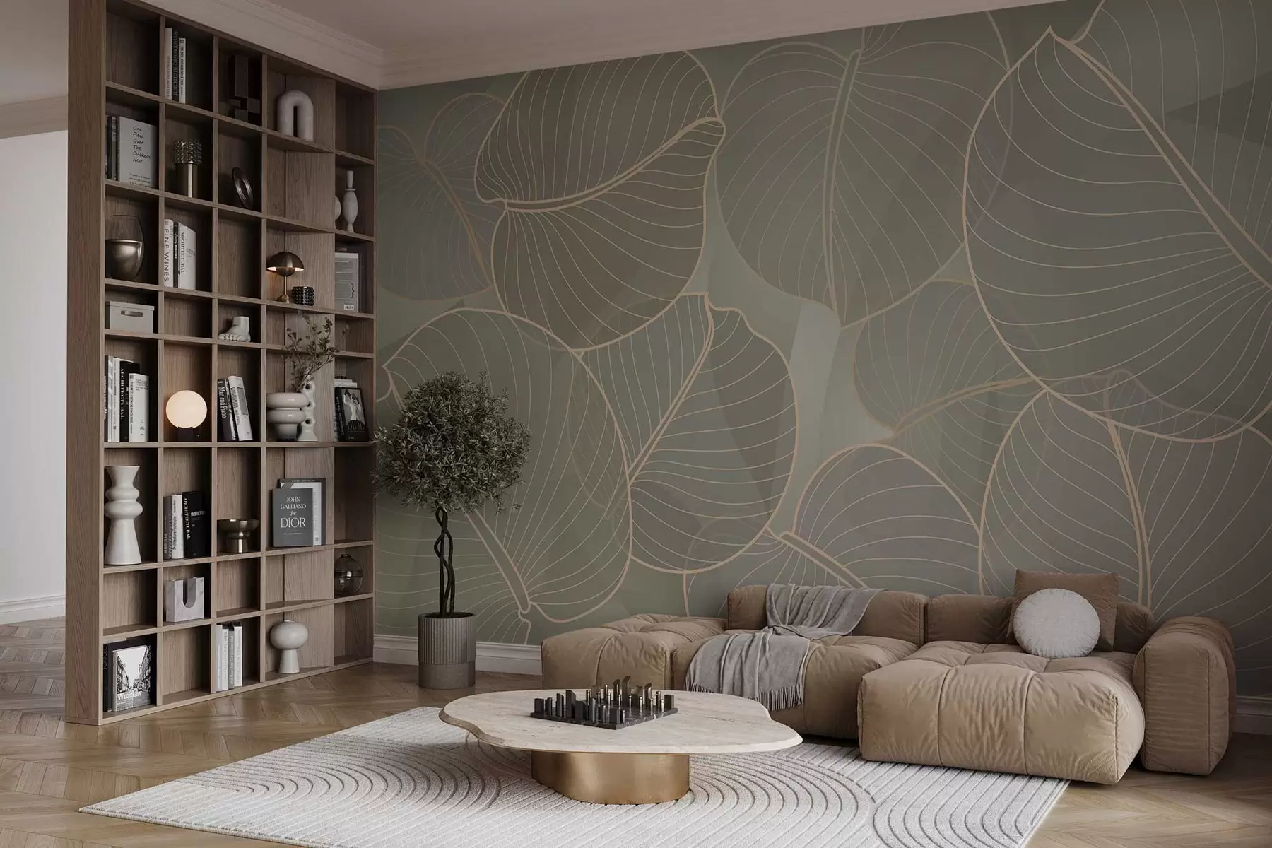 Fototapeedid augustilillede lineaarne lehestik beeži toonides w02768