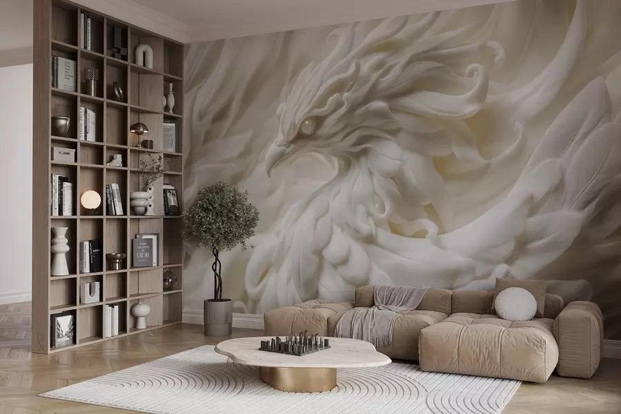 Fototapeedid Pikkade sulgedega lind stukkstiilis beeži toonides w08629