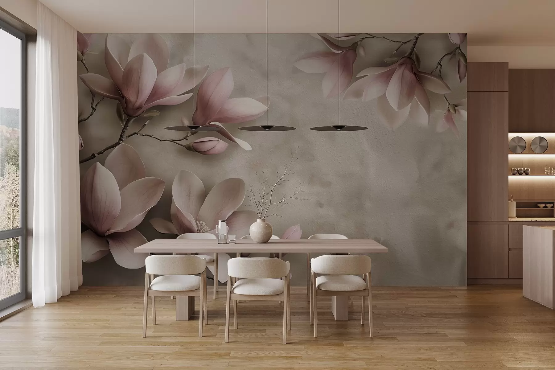 Fototapeedid Õrnad roosad magnooliad betoonseinal seepia toonides w08636v2