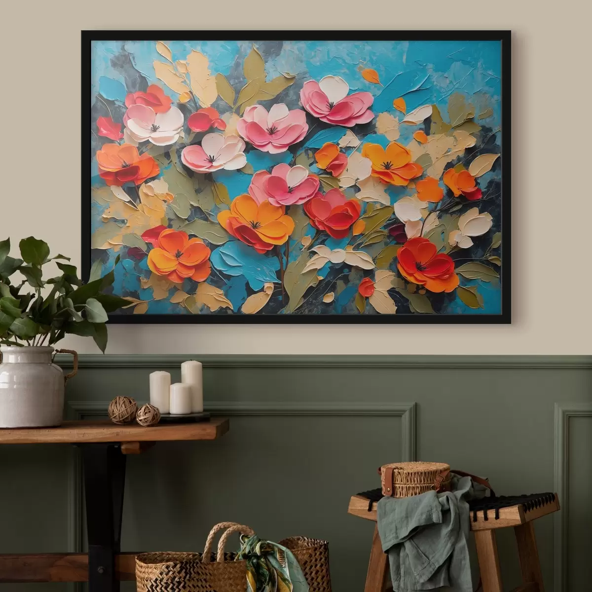 Plakat Lilled ja lehed sinisel taustal f42255