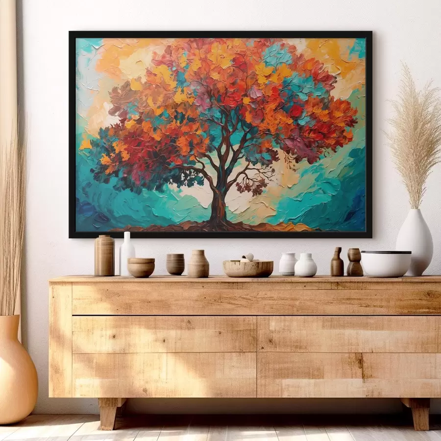 Fototapeedid Puu oranži-sinisel taustal õlimaalide stiilis f42267