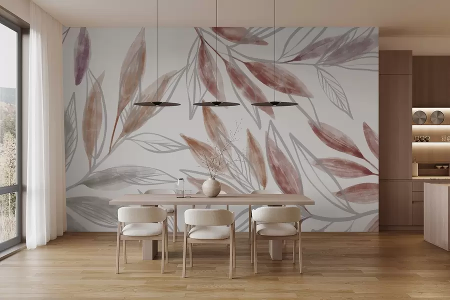 Fototapeedid Õrnad roosa ja halli tekstuuriga pastelsed lehed , mis loovad rahulikku ja minimalistlikku botaanilist kompositsiooni w08642