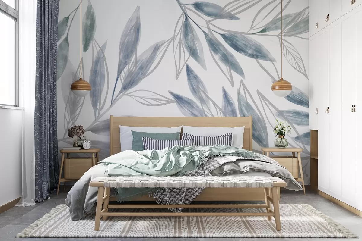 Fototapeedid Õrnad sinise ja halli tekstuuriga pastelsed lehed , mis loovad rahulikku ja minimalistlikku botaanilist kompositsiooni w08642v1
