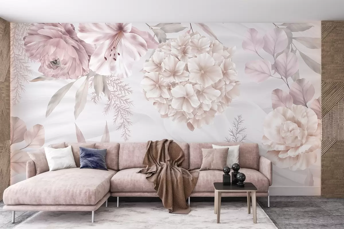 Fototapeedid Pehme, abstraktne lilleline trükis suurte roosade ja valgete lillede, õrnade lehtedega ja vaoshoitud pastelsete värvidega w08651