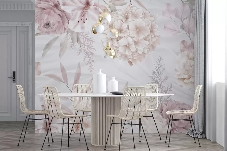 Fototapeedid Pehme, abstraktne lilleline trükis suurte roosade ja valgete lillede, õrnade lehtedega ja vaoshoitud pastelsete värvidega w08651