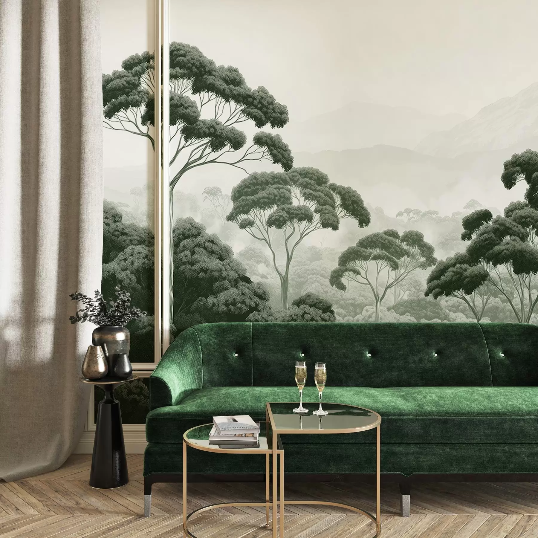 Fototapeedid Džungelmets, mäed, troopika, loodus, suured puud, tumerohelised värvid w02739v1