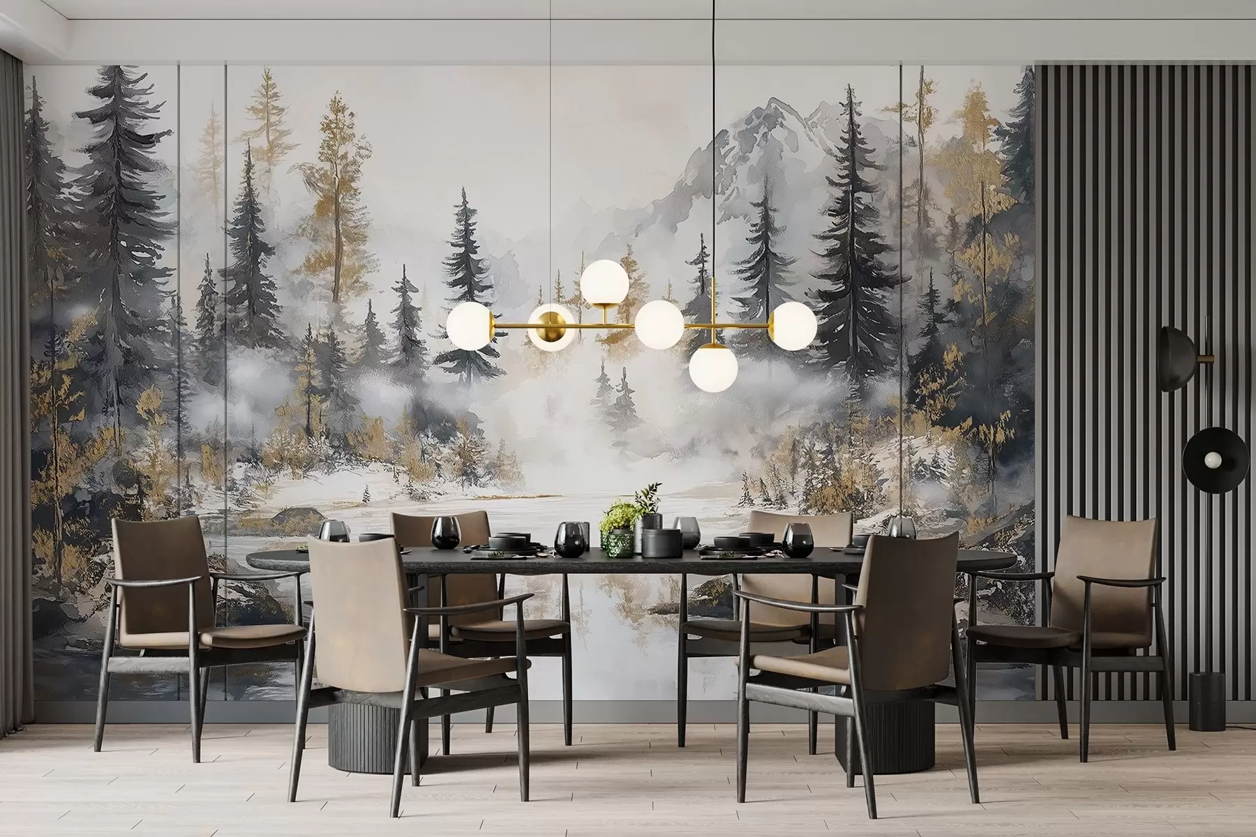 Fototapeedid Talvine maastik koos järve ja metsaga, mäed, pastelses stiilis darwing w02741