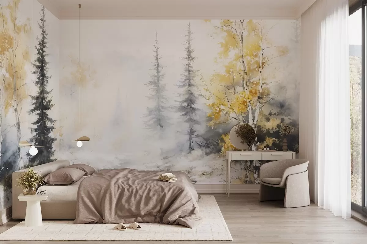 Fototapeedid Talvine mets, kased, männid, jõgi, udu, pastelsed värvid w02742