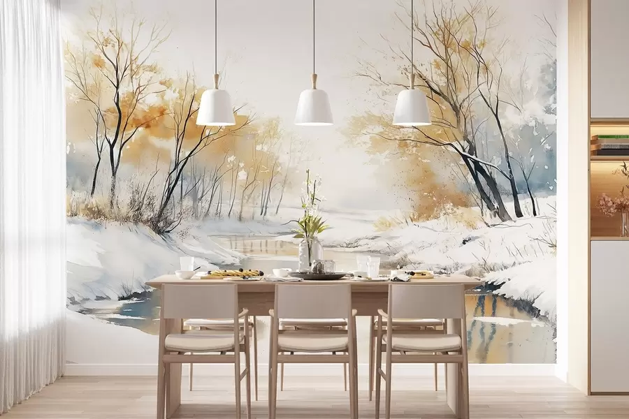 Fototapeedid Talvine jõemaastik koos metsaga, akvarellistiilis joonistus w02743